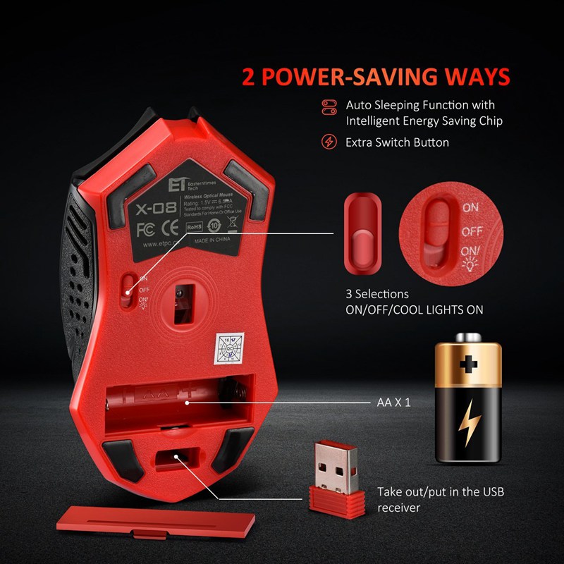 Mouse sem fio luminoso silencioso com economia de energia