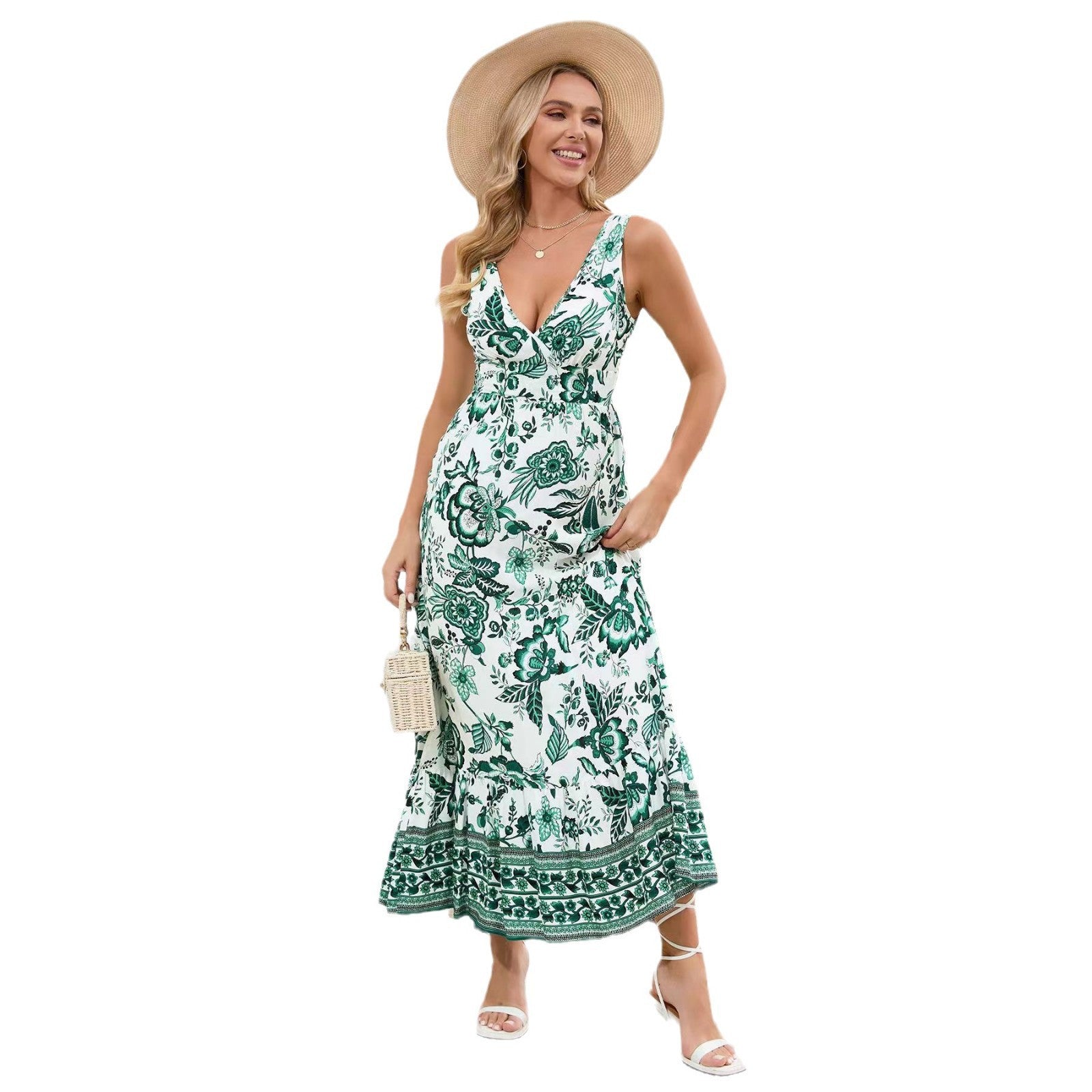 Vestido de verão feminino com estampa floral europeia e americana