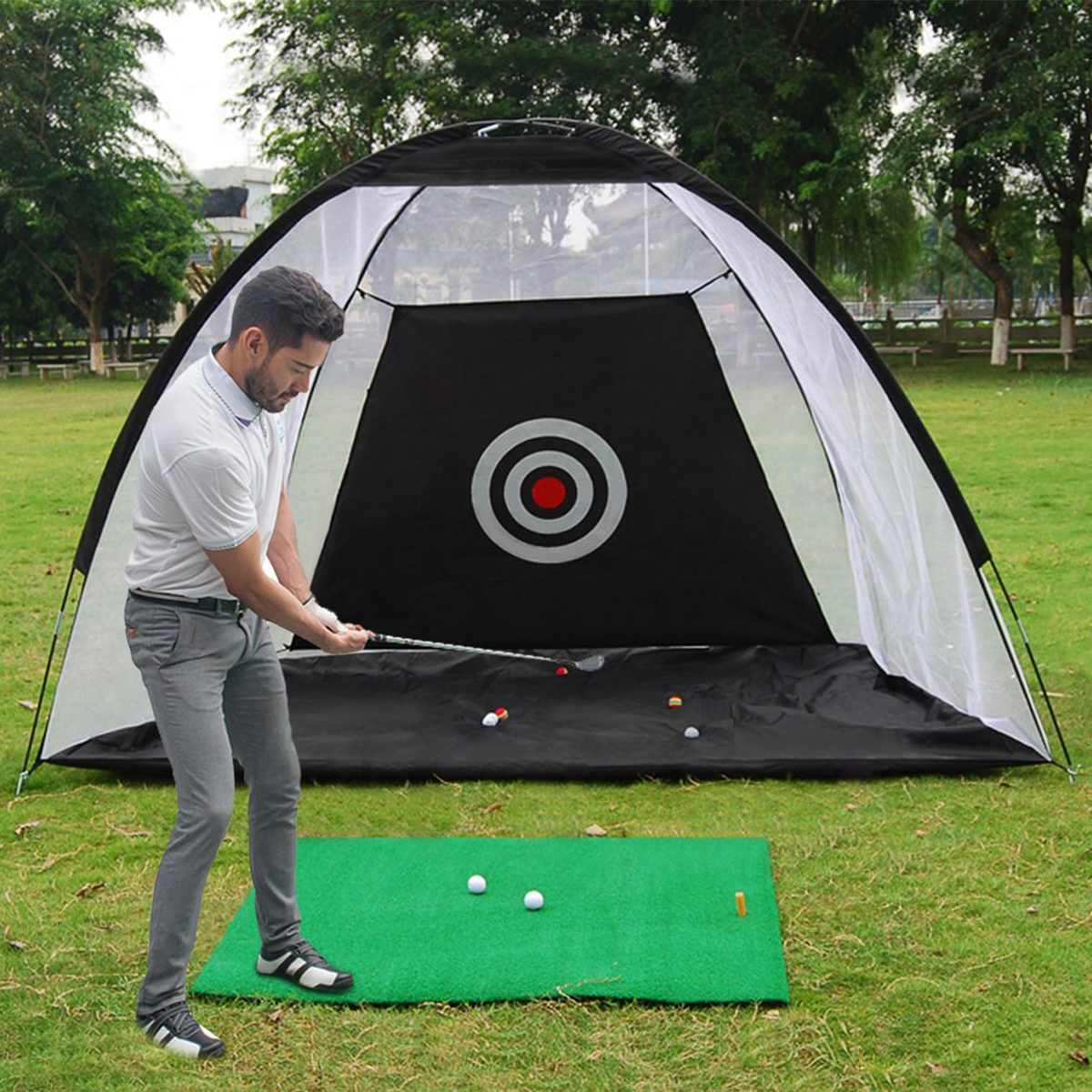 Tenda de treino de golfe com rede, gaiola de treino de golfe para jardim ou gramado, equipamento de treino de golfe em tela para uso externo.