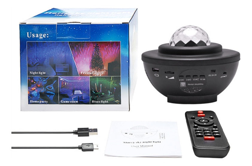 Projetor de estrelas preto com lâmpada galáxia, Bluetooth e função giratória.