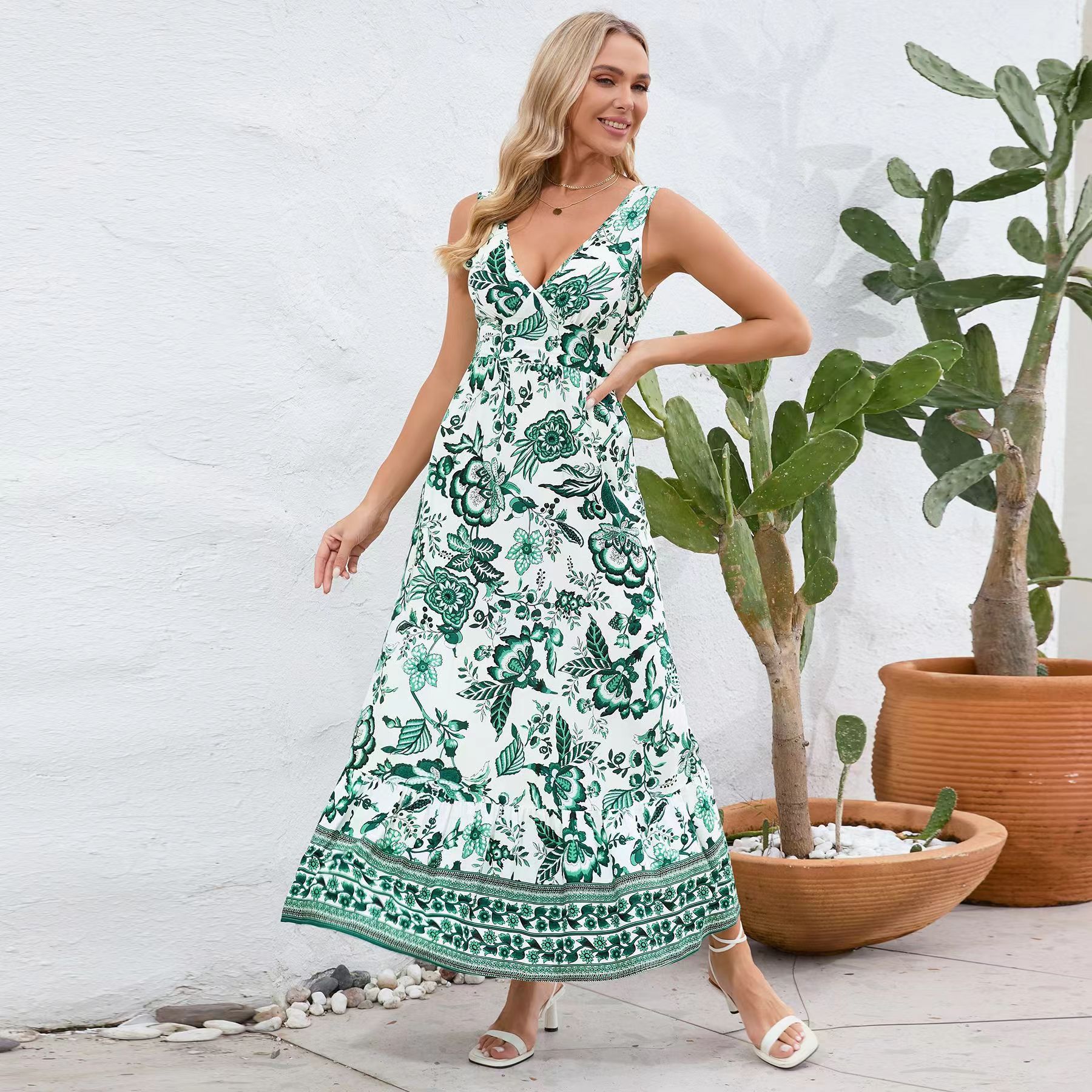Vestido de verão feminino com estampa floral europeia e americana