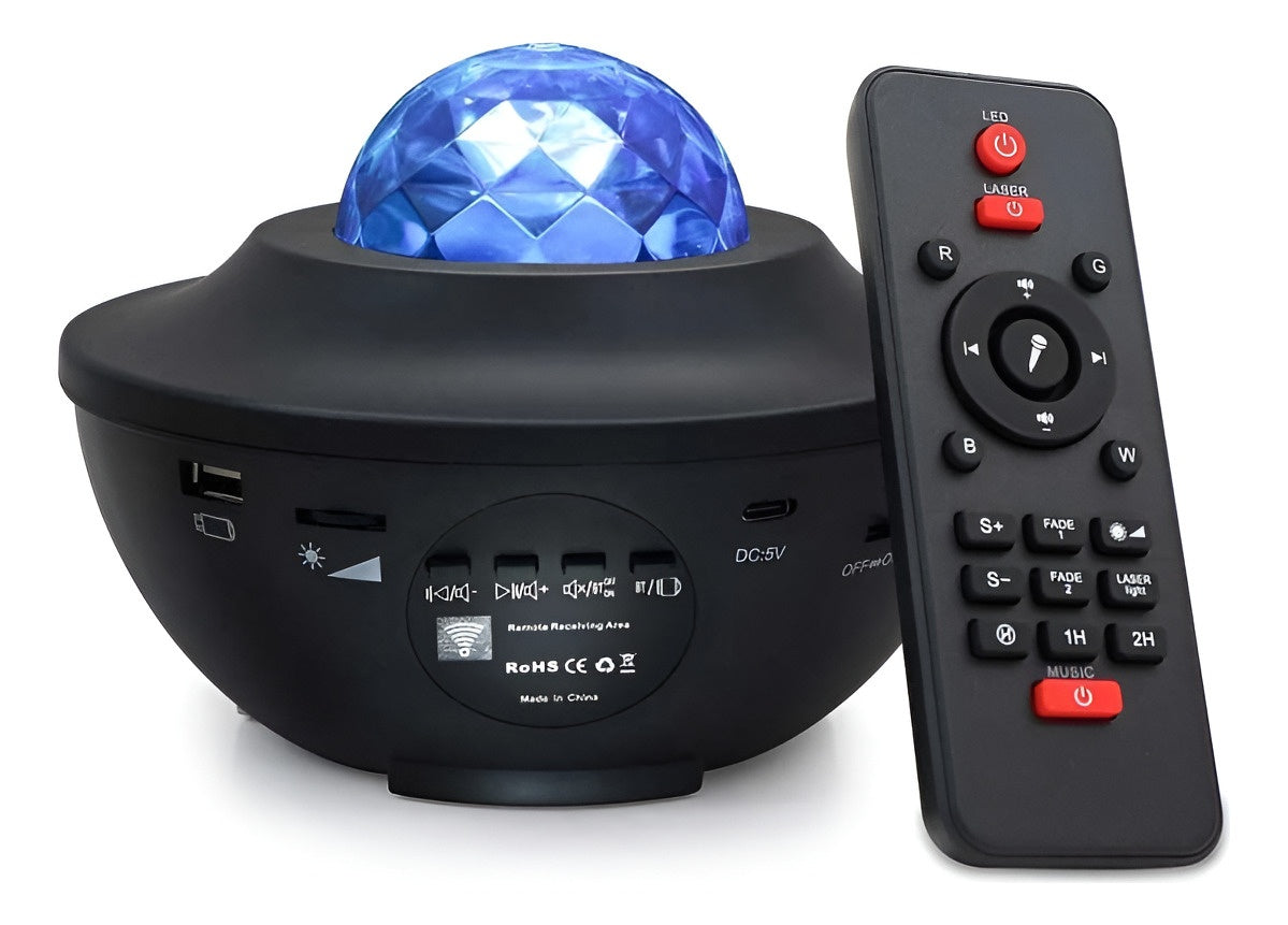 Projetor de estrelas preto com lâmpada galáxia, Bluetooth e função giratória.