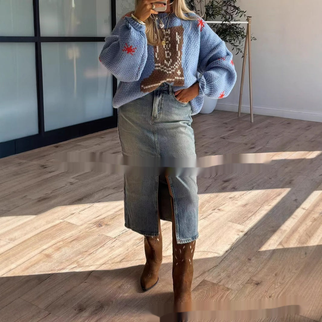 Suéter feminino midi de tricô com gola redonda e mangas compridas, estampa de botas de Natal.