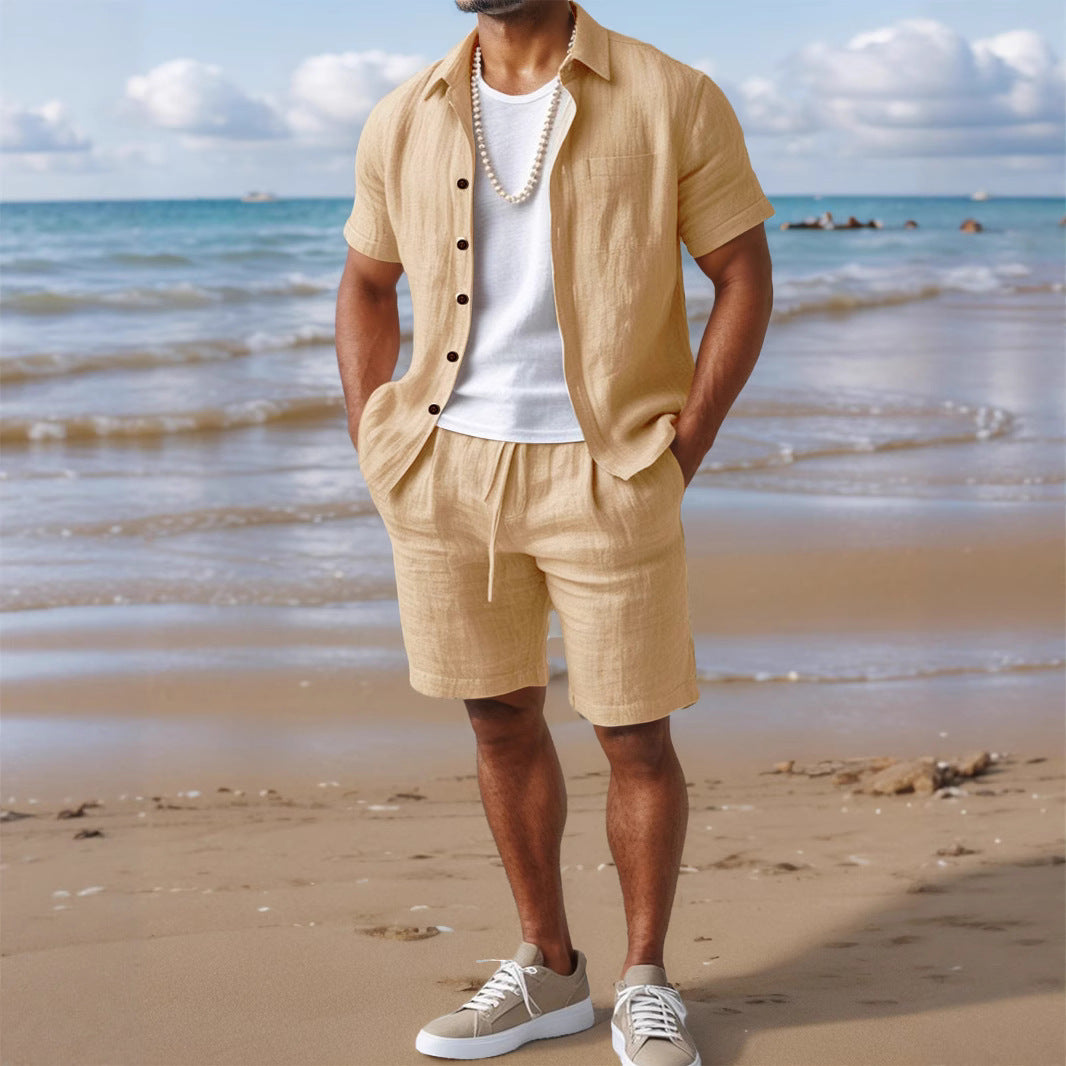 Camisa Masculina Casual de Linho, Ajuste Solto, com Botões e Gola de Lapela