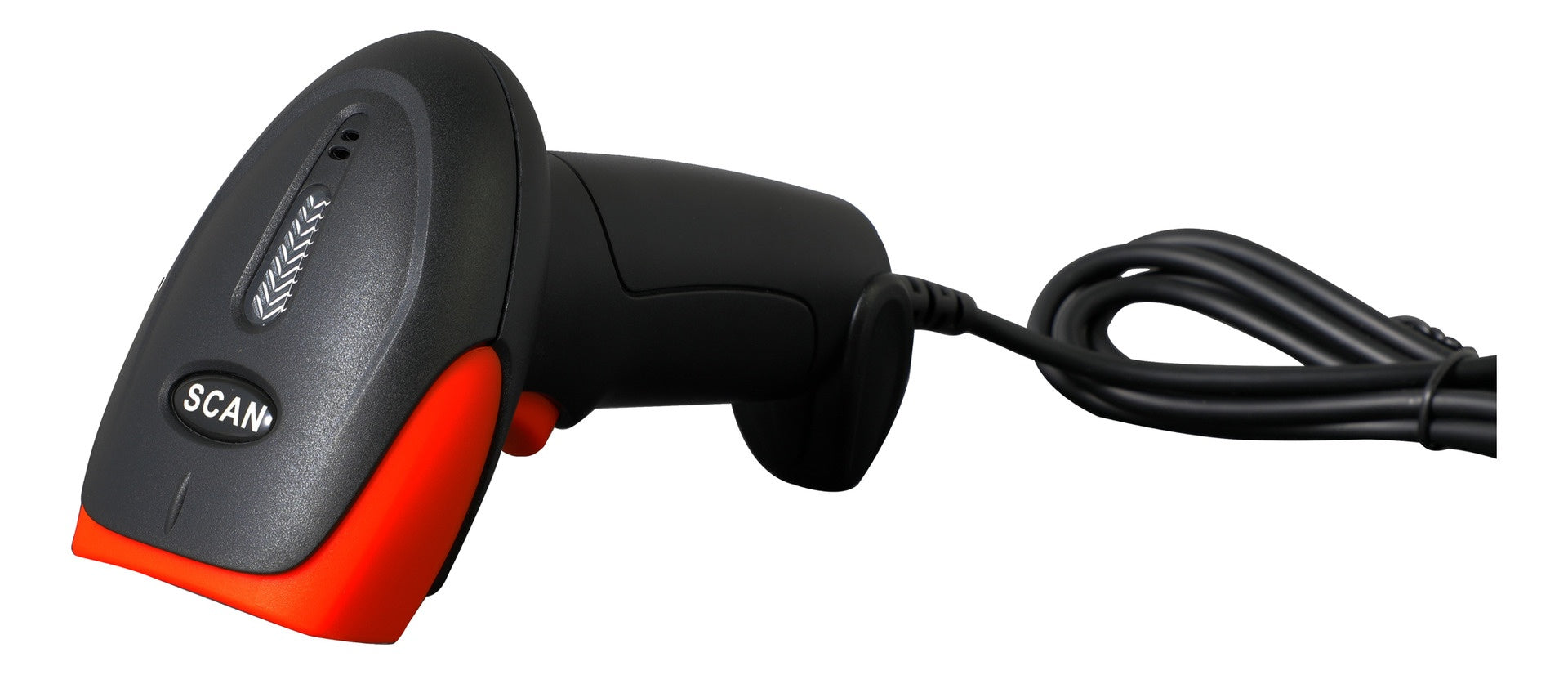 Leitor de código de barras 1D portátil com fio USB, preto e vermelho, 5V.