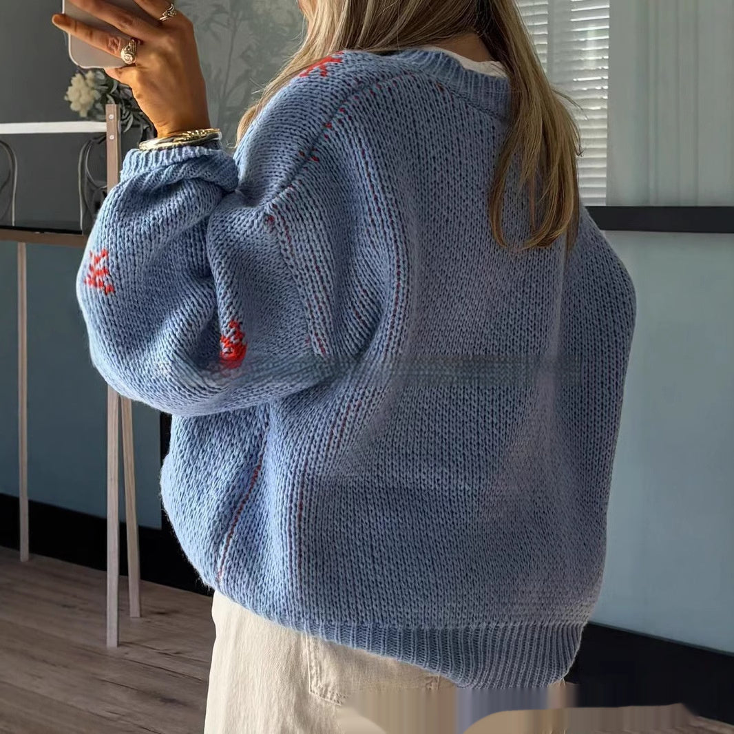 Suéter feminino midi de tricô com gola redonda e mangas compridas, estampa de botas de Natal.