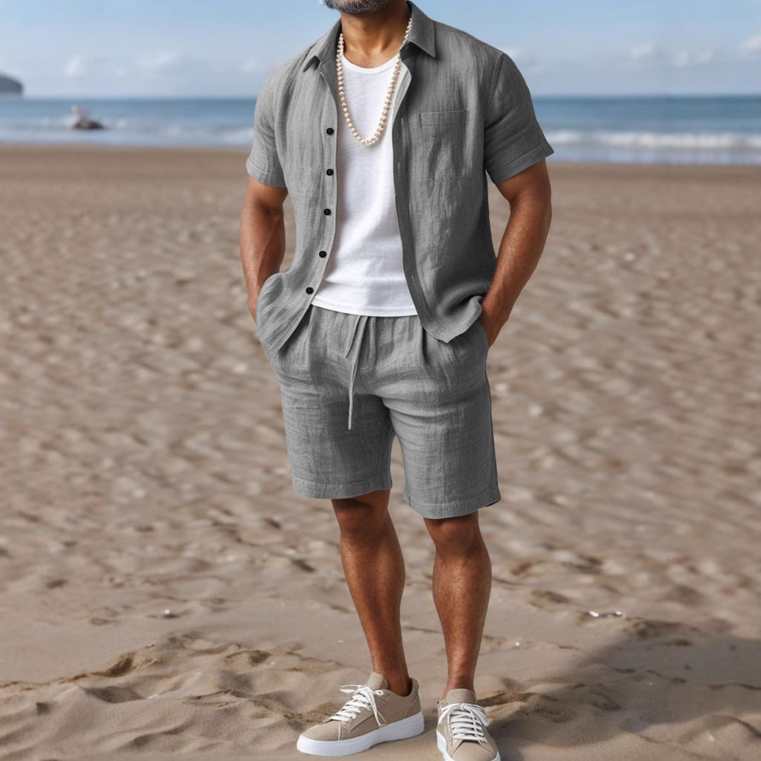 Camisa Masculina Casual de Linho, Ajuste Solto, com Botões e Gola de Lapela