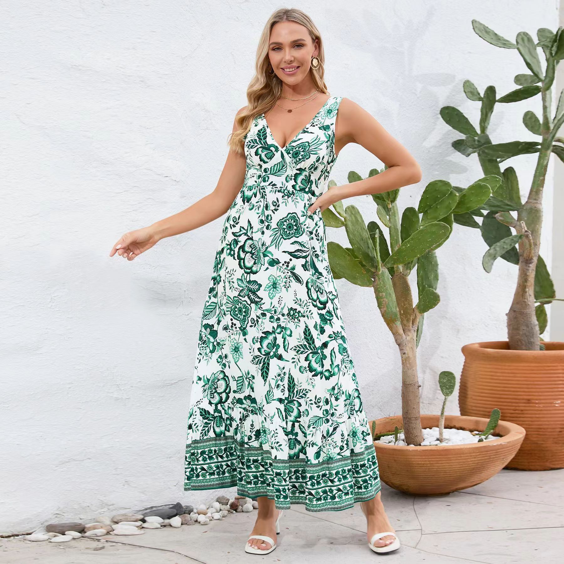 Vestido de verão feminino com estampa floral europeia e americana