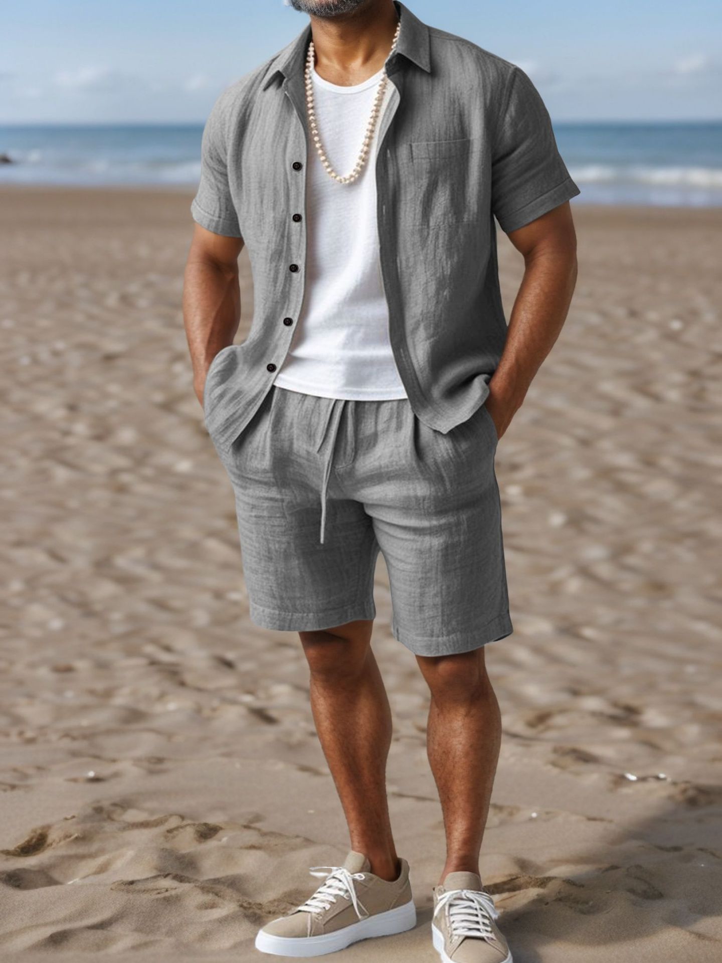 Camisa Masculina Casual de Linho, Ajuste Solto, com Botões e Gola de Lapela