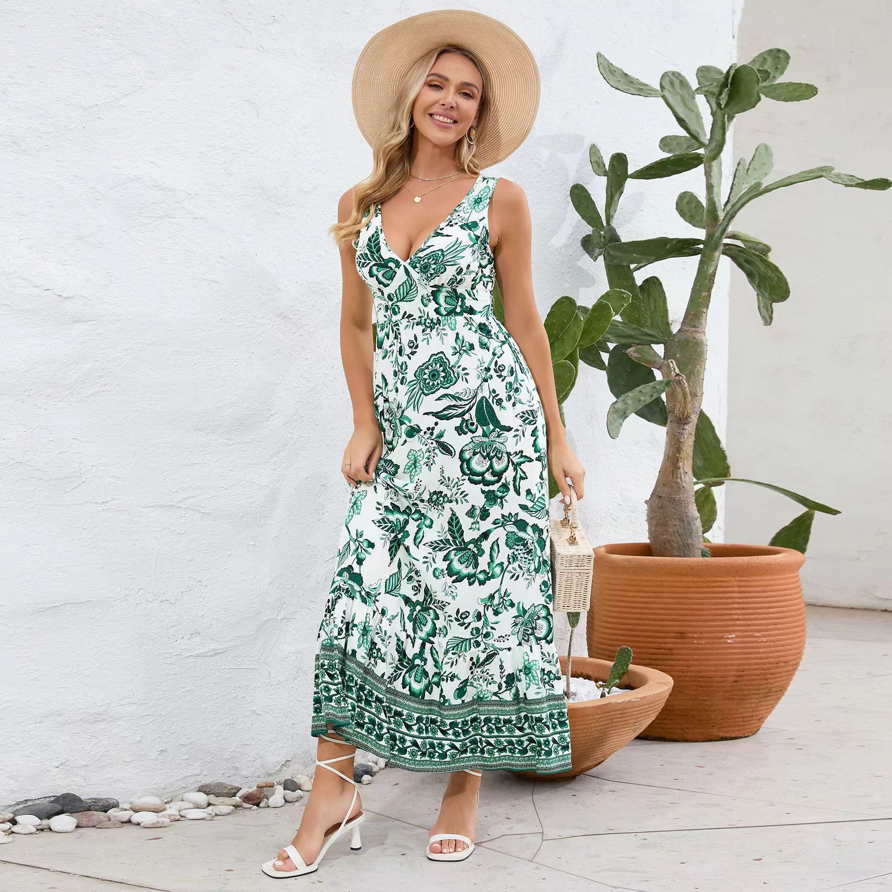 Vestido de verão feminino com estampa floral europeia e americana